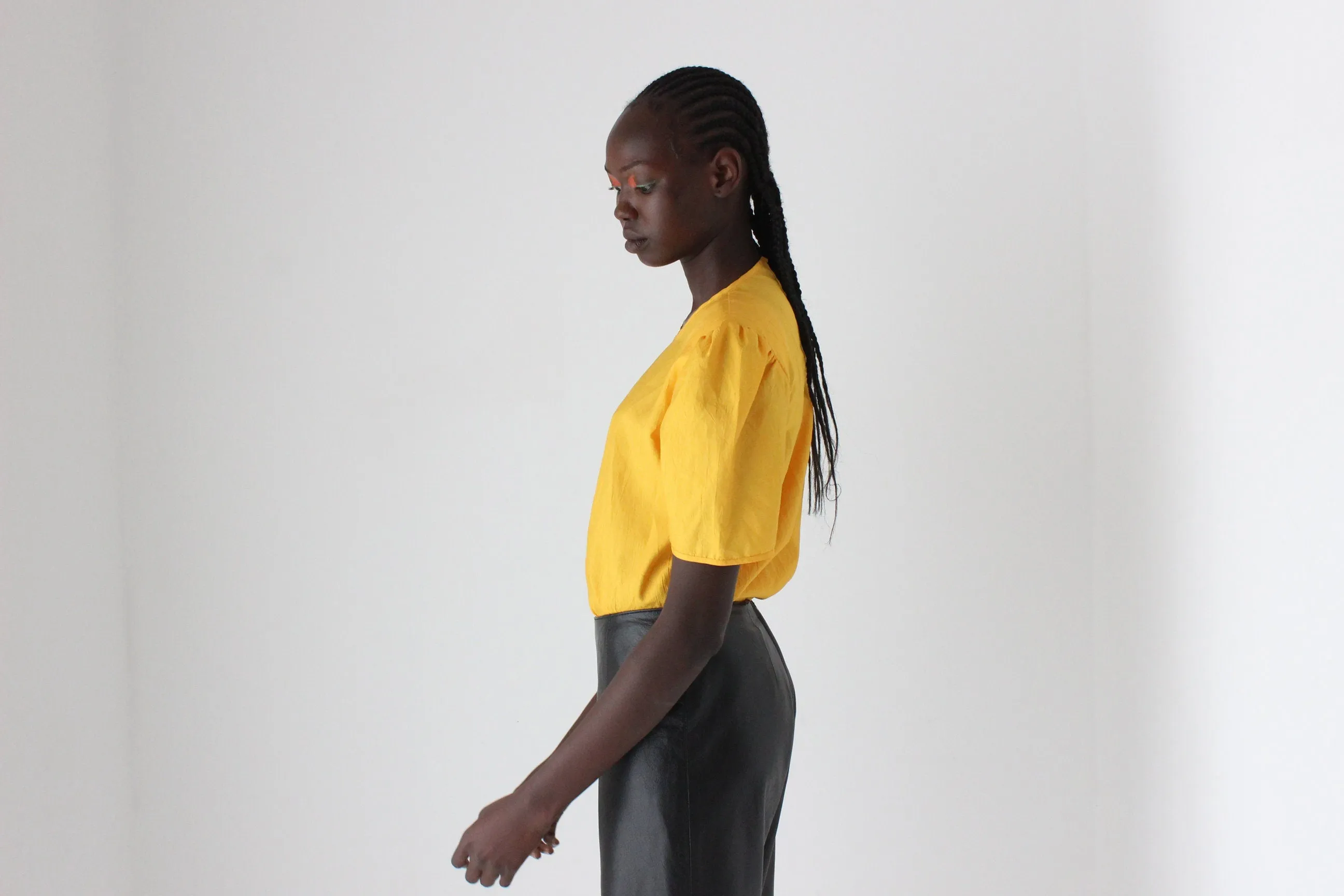 80s Sunshine Yellow Puff Parachute Taffeta Top