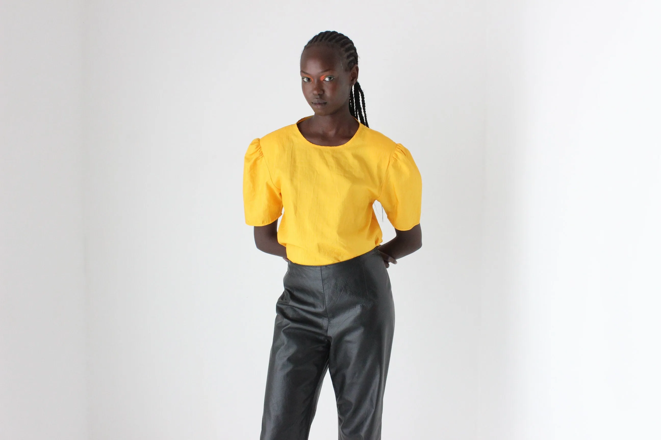80s Sunshine Yellow Puff Parachute Taffeta Top