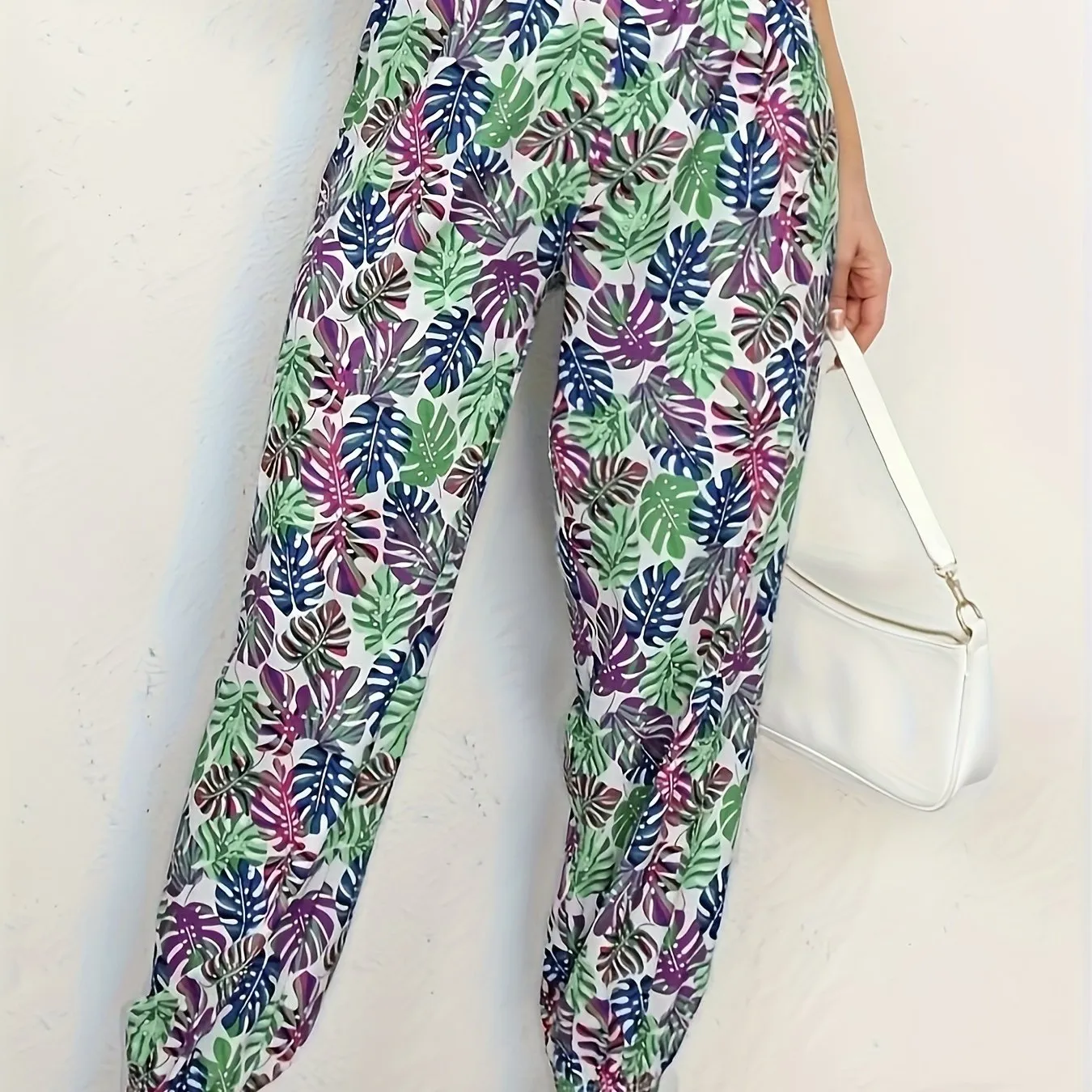 Allover Print Fitted Bottom Pants, Vacation Style Loose Pants For Spring & Summer, Women's Clothing