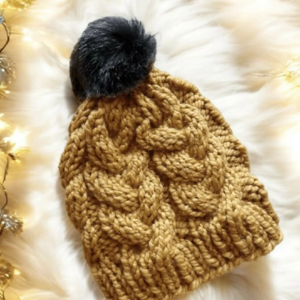 Chunky Cable hand Knit Chunky Beanie in Mustard yellow with brown fur pompom