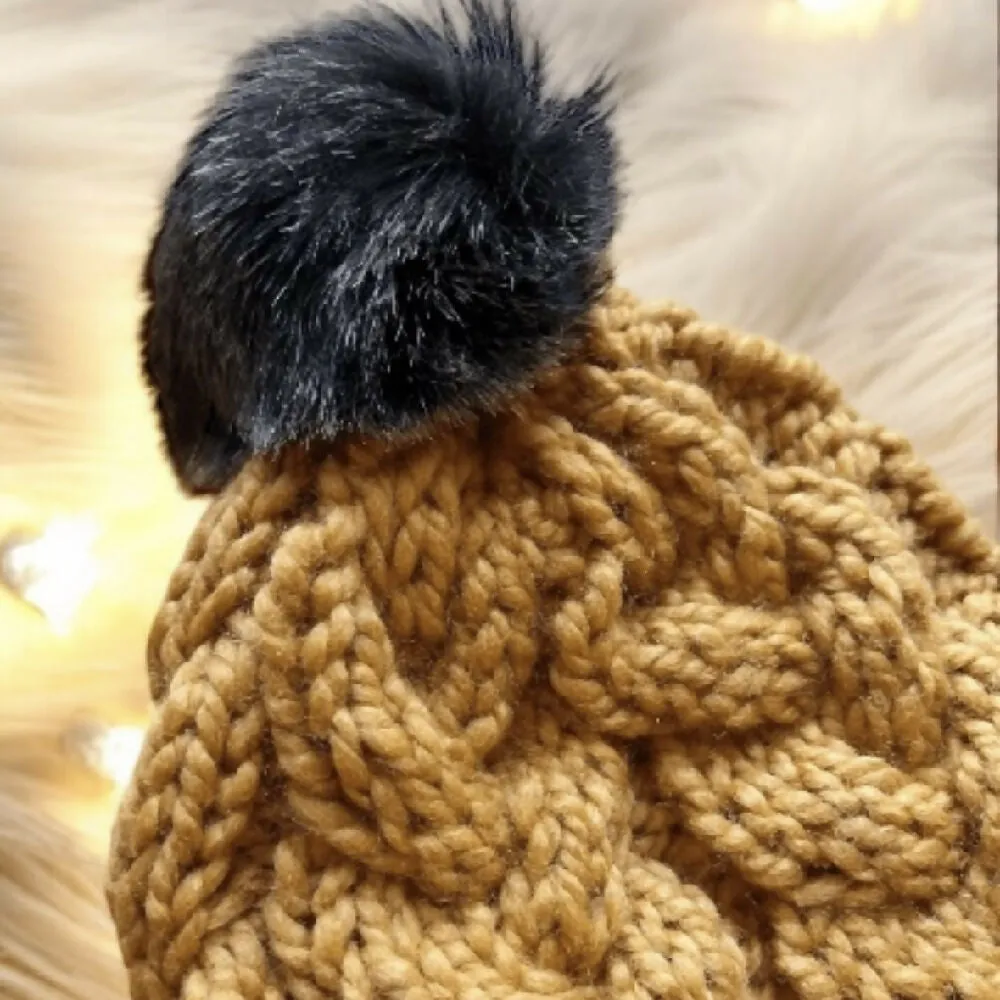 Chunky Cable hand Knit Chunky Beanie in Mustard yellow with brown fur pompom