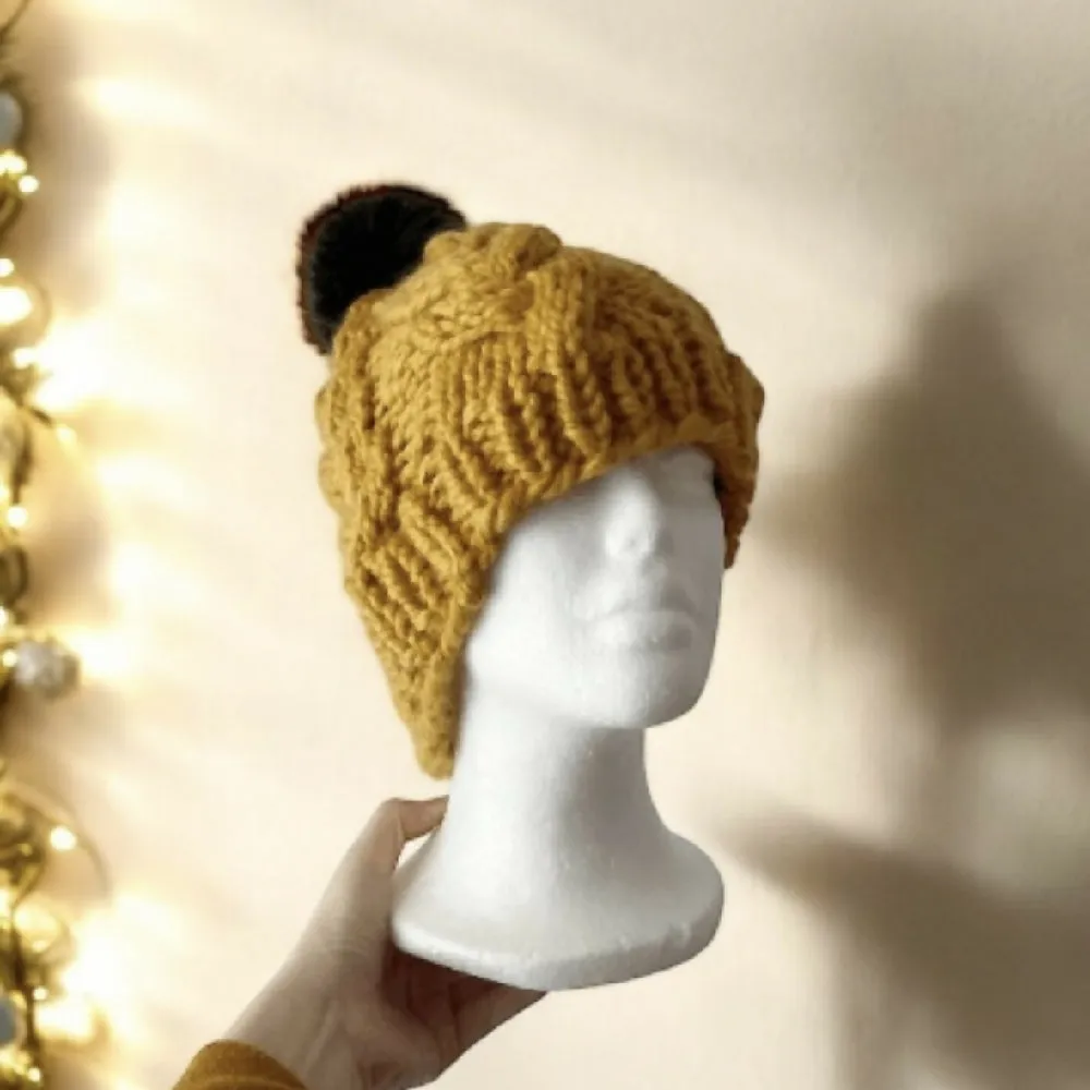 Chunky Cable hand Knit Chunky Beanie in Mustard yellow with brown fur pompom