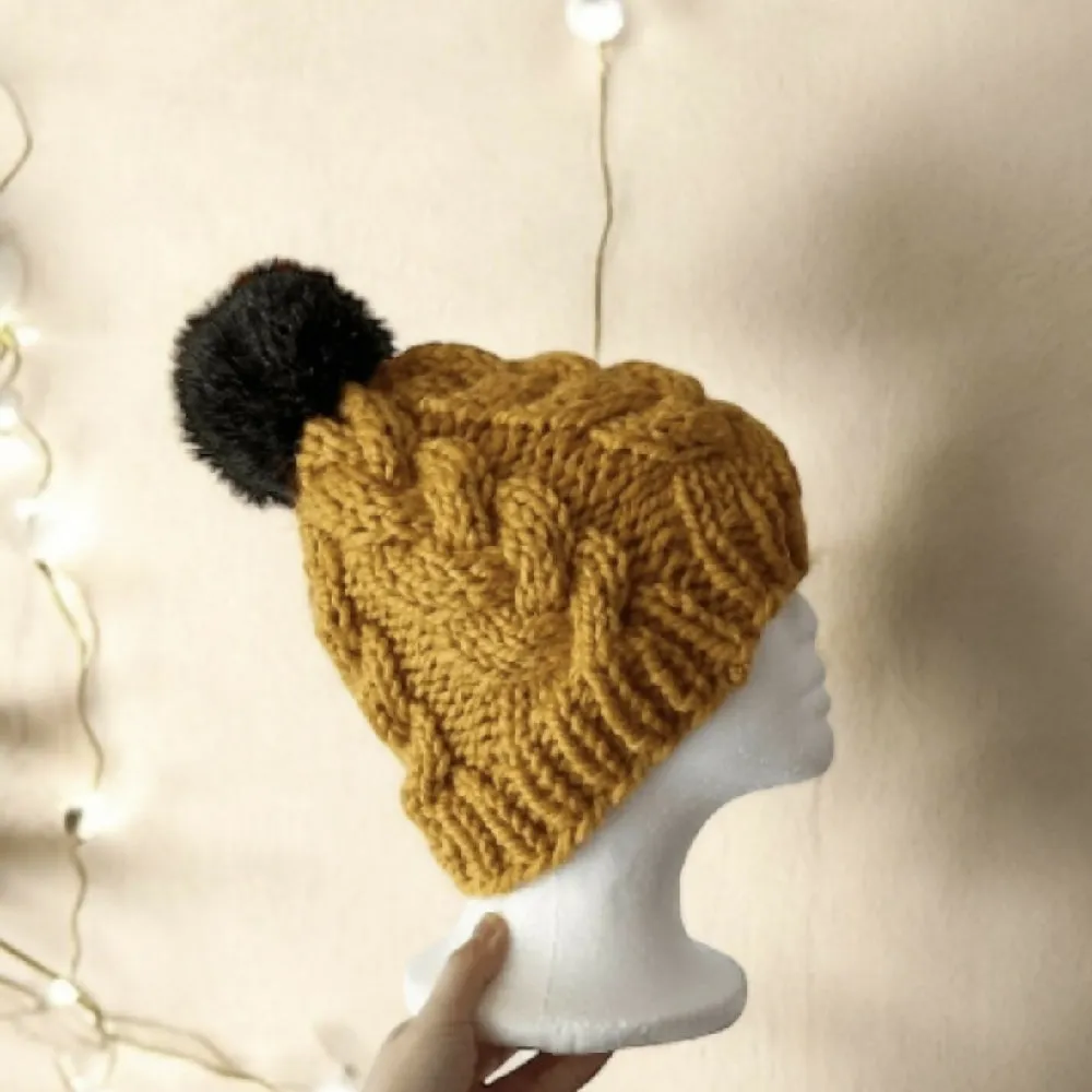 Chunky Cable hand Knit Chunky Beanie in Mustard yellow with brown fur pompom