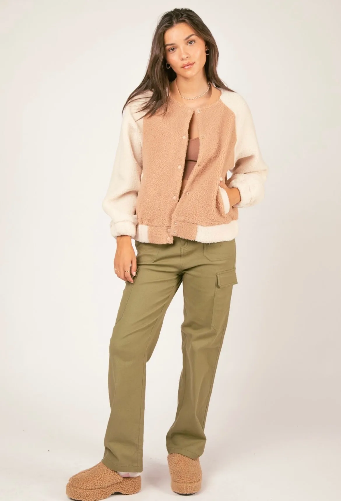 Cream Colorblock Sherpa Jacket