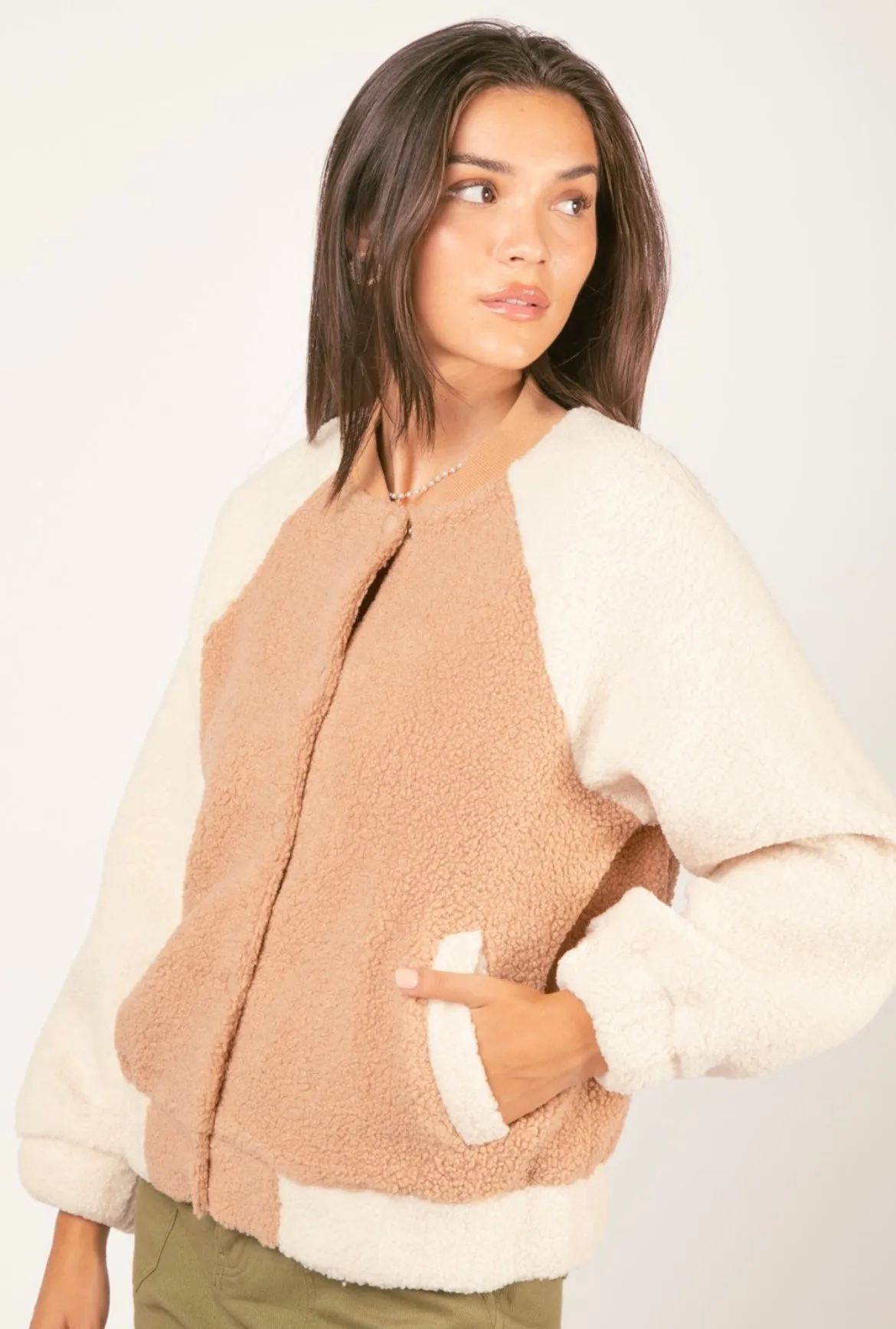 Cream Colorblock Sherpa Jacket