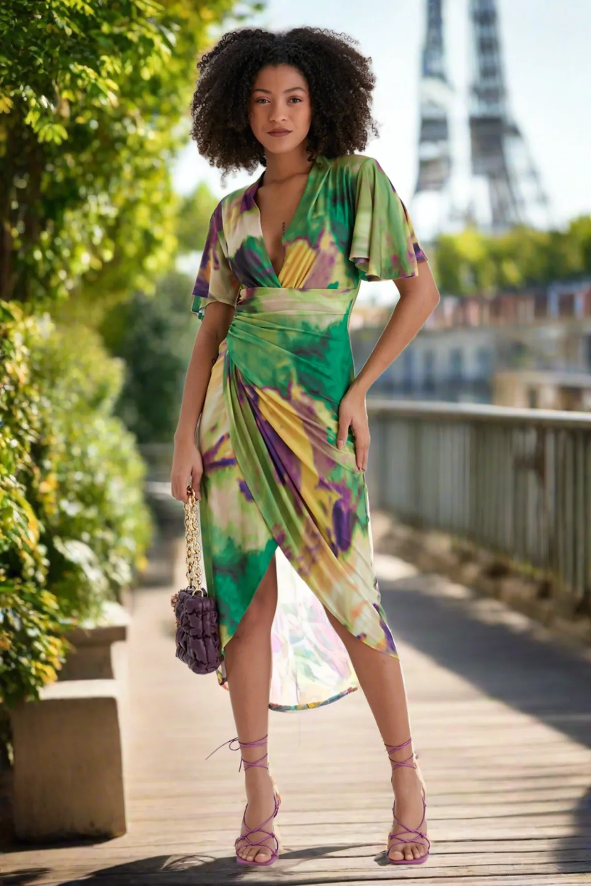 Forever Angel Sleeve Dress in Green tie dye print