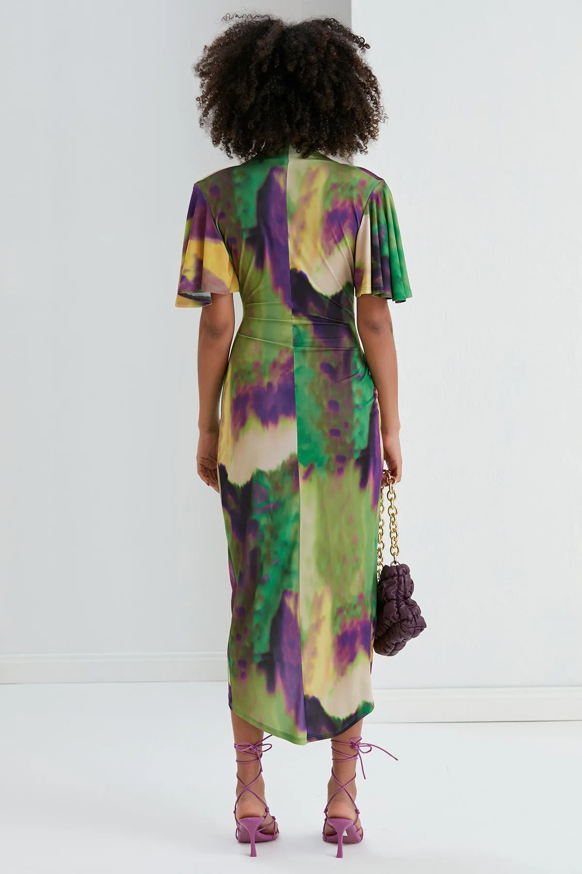 Forever Angel Sleeve Dress in Green tie dye print