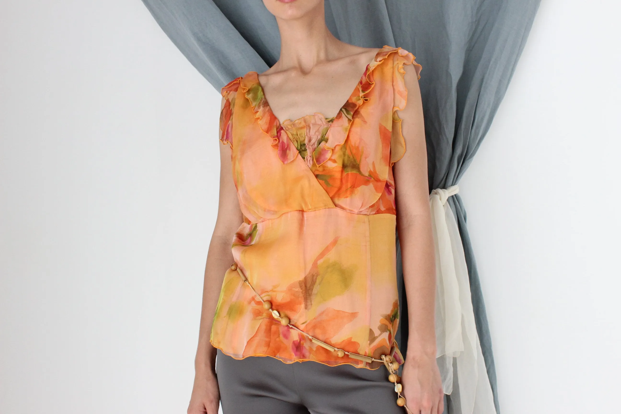 MADE IN ITALY Y2K Pure Silk Ruffle Romantic Floral Top