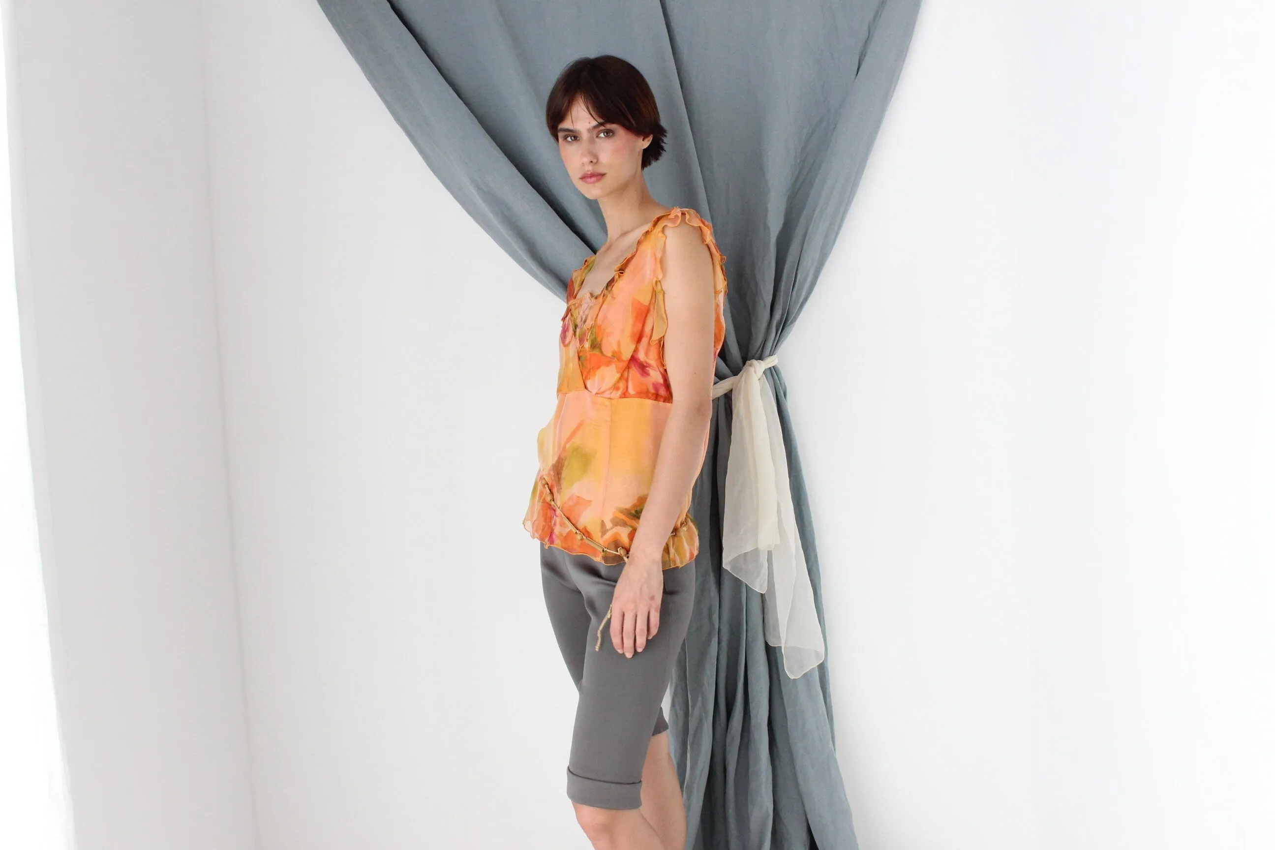MADE IN ITALY Y2K Pure Silk Ruffle Romantic Floral Top