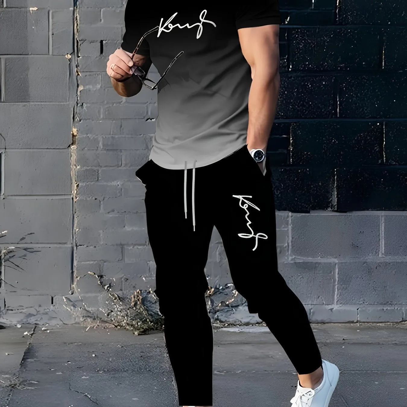 Men's 3D Print Ombre Sweatsuit - Polyester Sports Crew Neck Slight Stretch T-shirt and Joggers Set with Pattern Detail, Casual Regular Fit for Spring/Fall, Ideal for Weekend Wear