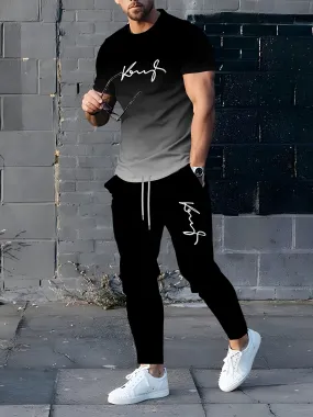 Men's 3D Print Ombre Sweatsuit - Polyester Sports Crew Neck Slight Stretch T-shirt and Joggers Set with Pattern Detail, Casual Regular Fit for Spring/Fall, Ideal for Weekend Wear