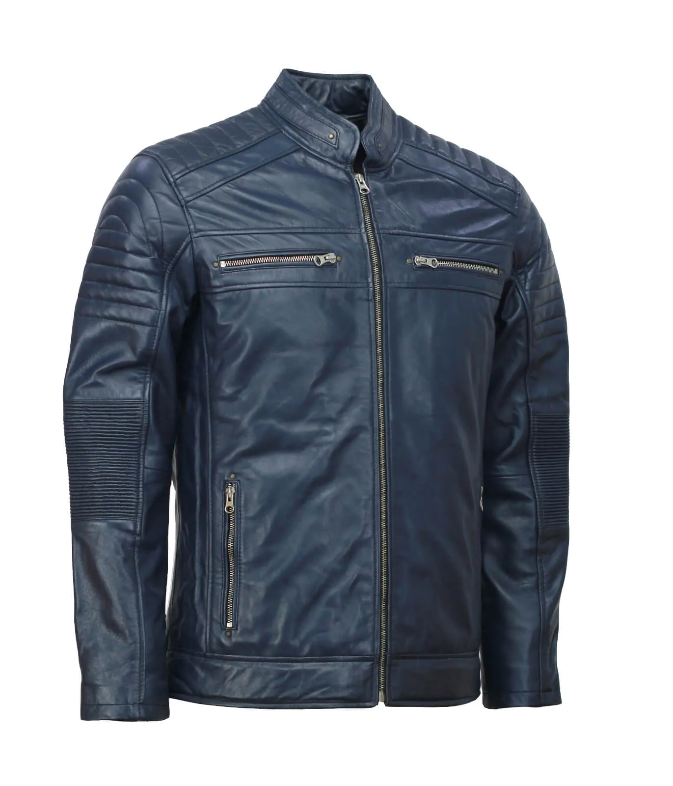 Men's Blue Café Racer Leather Biker Jacket for Stylish Riders