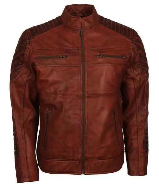 Men's Brown Killing Joke Leather Biker Jacket with Embroidered Smiley Face Design