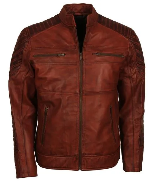 Men's Brown Killing Joke Leather Biker Jacket with Embroidered Smiley Face Design