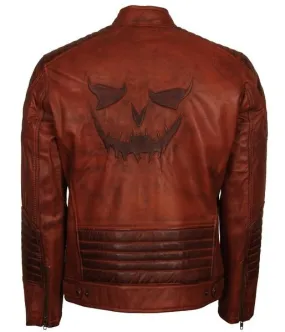 Men's Brown Killing Joke Leather Biker Jacket with Embroidered Smiley Face Design