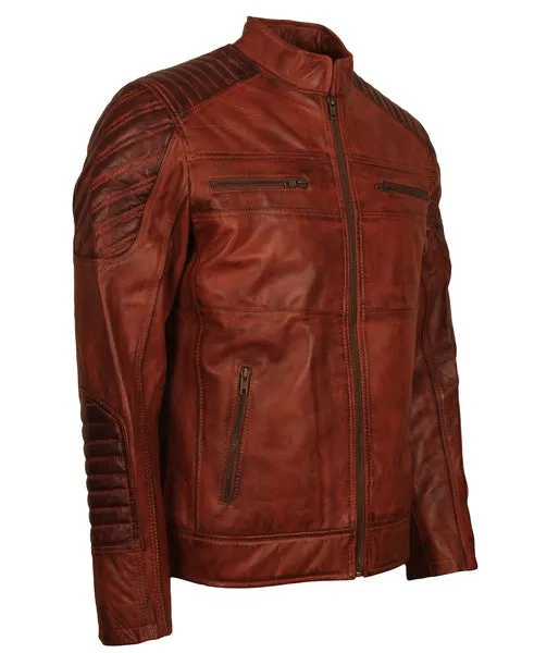 Men's Brown Killing Joke Leather Biker Jacket with Embroidered Smiley Face Design