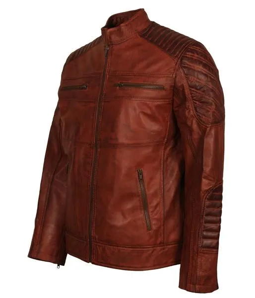 Men's Brown Killing Joke Leather Biker Jacket with Embroidered Smiley Face Design