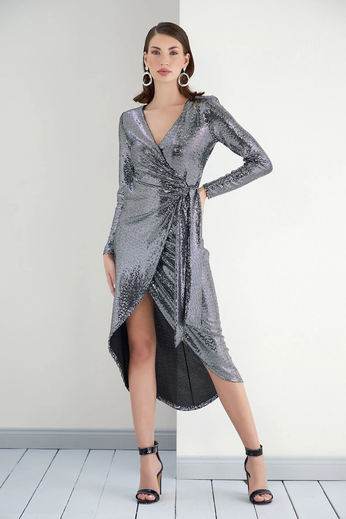 Sequin Wrap Midi dress in Silver