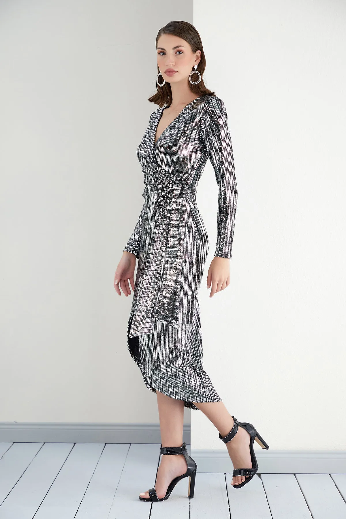 Sequin Wrap Midi dress in Silver