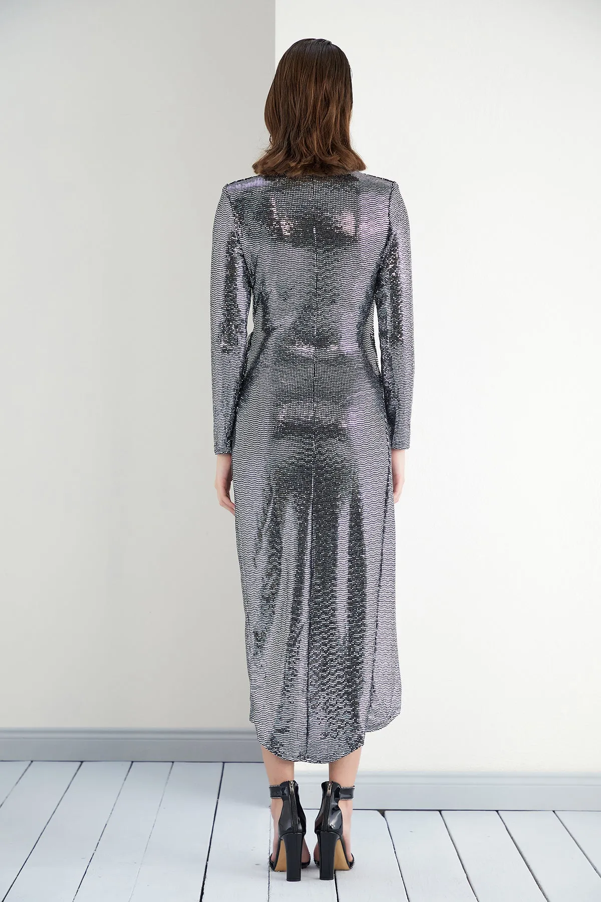 Sequin Wrap Midi dress in Silver